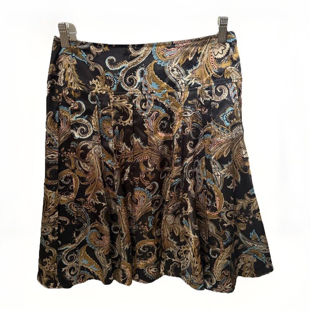 Y2K Worthington Satin Pleated High Rise Knee Length Brown Paisley Swing Skirt 4